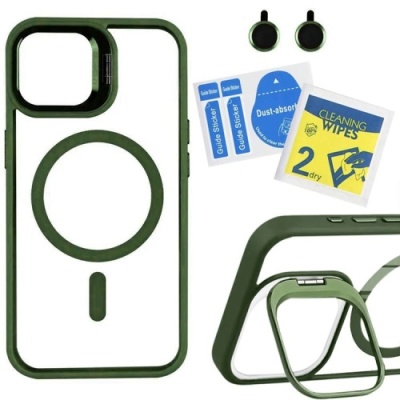 Купить чохол tpu+pc+metal stand case with magsafe and camera lenses для apple iphone 15 (green) онлайн