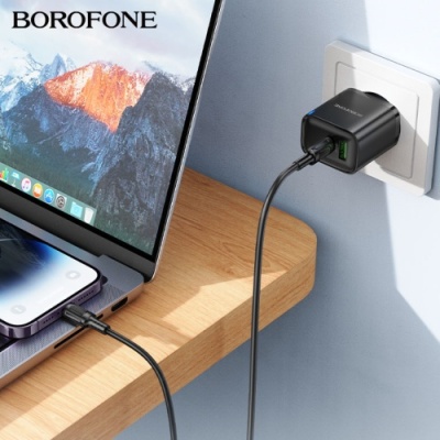 мережевий зарядний пристрій borofone ba83a 1usb/18w/qc3.0 + 1type-c/20w/pd + (type-c - lightning) (чорний) 