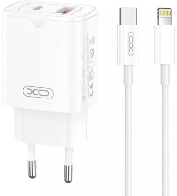 мережевий зарядний пристрій xo l130 (nb189a) 1usb/18w/qc3.0 + 1type-c/30w/pd + (type-c - lightning) (бiлий) 