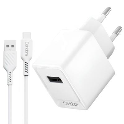 мережевий зарядний пристрій earldom es-eu43с 1usb/2.4a/12w + (usb - type-c) (білий) 