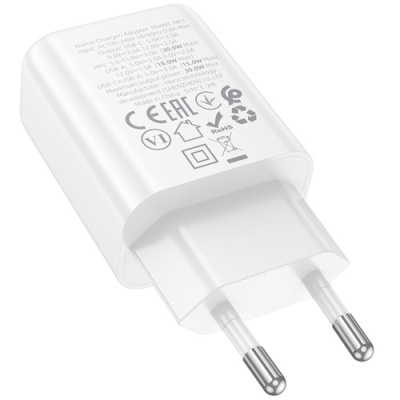 мережевий зарядний пристрій hoco n63 1usb/18w/qc3.0 + 1type-c/30w/pd (білий) 