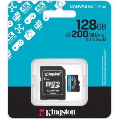 карта пам'яті microsdxc (uhs-1 u3) kingston canvas go! plus 128gb class 10 a2 v30 (r200mb/s) (adapter sd) 