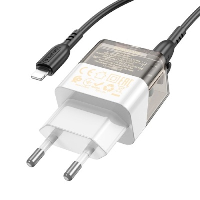 мережевий зарядний пристрій borofone ba80a 1usb/18w/qc3.0 + 1type-c/20w/pd + (type-c - lightning) (прозоро-чорний) 