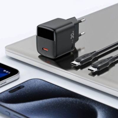 мережевий зарядний пристрій acefast a115 pd30w (1type-c) + type-c - type-c (1,2м) (чорний) 