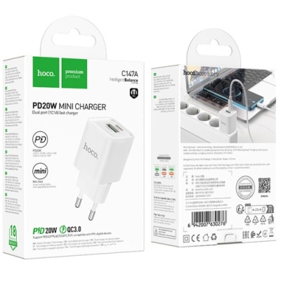 мережевий зарядний пристрій hoco c147a 1usb/18w/qc3.0 + 1type-c/20w/pd (бiлий) 