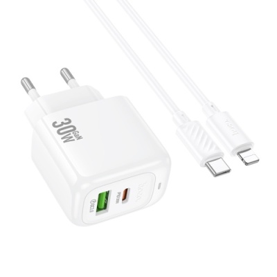 мережевий зарядний пристрій hoco cs55a 1usb/18w/qc3.0 + 1type-c/30w/pd + (type-c - lightning) (білий) 