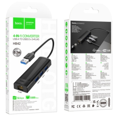usb hub hoco hb42 easy safety 4-in-1 gigabit ethernet adapter(usb to usb3.0*3+rj45) black 