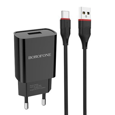 мережевий зарядний пристрій borofone ba20a 1usb/2.1a + (usb - type-c) (чорний) 