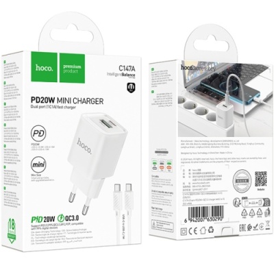 мережевий зарядний пристрій hoco c147a 1usb/18w/qc3.0 + 1type-c/20w/pd + (type-c - type-c) (білий) 