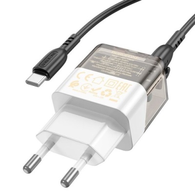 мережевий зарядний пристрій borofone ba80a 1usb/18w/qc3.0 + 1type-c/20w/pd + (type-c - type-c) (прозоро-чорний) 
