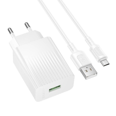 мережевий зарядний пристрій borofone bas72a 1usb/18w/qc3.0 + (usb - microusb) (білий) 