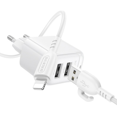 мережевий зарядний пристрій borofone bas41a 2usb/12w/2.4a + (usb - lightning) (білий) 