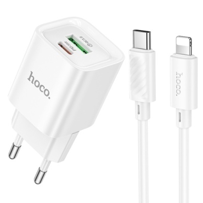 мережевий зарядний пристрій hoco c147a 1usb/18w/qc3.0 + 1type-c/20w/pd + (type-c - lightning) (білий) 