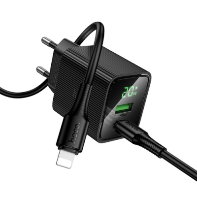 мережевий зарядний пристрій hoco cs83a 1usb/18w/qc3.0 + 1type-c/20w/pd + (type-c - lightning) (чорний) 