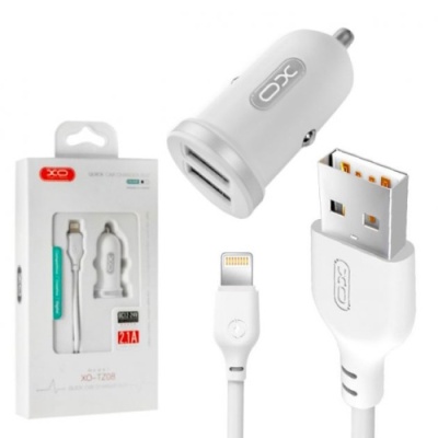 Автомобільний Зарядний Пристрій XO TZ08 2USB/2.1A + (USB - Lightning) (Білий)