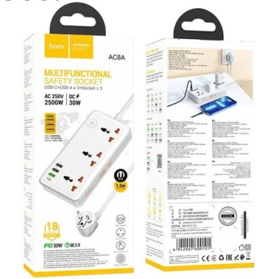 мережевий подовжувач hoco ac8a pd30w/qc18w/1c3a 1.5m (білий) 