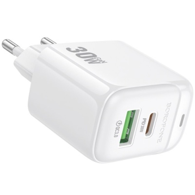 мережевий зарядний пристрій borofone bas45a 1usb/18w/qc3.0 + 1type-c/30w/pd (білий) 