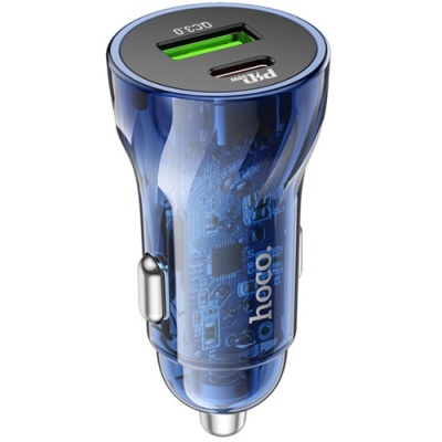 Автомобільний Зарядний Пристрій Hoco Z47A Transparent 1USB/18W/QC3.0 + 1Type-C/30W/PD (Прозорий синій)