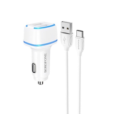 Автомобільний Зарядний Пристрій Borofone BZ14 2USB/2.4A + (USB - Type-C) (Білий)