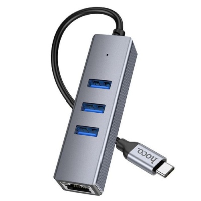 usb hub hoco hb34 type-c easy link gigabit network adapter (type-c to usb3.0*3+rj45) 0,15m metal grey 