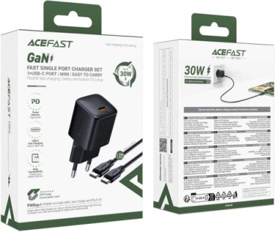 мережевий зарядний пристрій acefast a118 pd30w (1type-c) + type-c - type-c (1,2м) (чорний) 