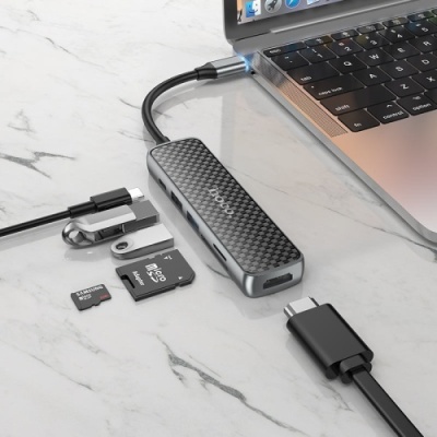 usb hub hoco hb24 easy display type-c multi-f adapter (hdmi+usb3.0+usb2.0+sd+tf+pd) metal gray 