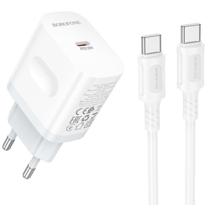 мережевий зарядний пристрій borofone ba99a 1type-c/20w/pd + (type-c - type-c) (білий) 