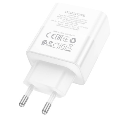 мережевий зарядний пристрій borofone ba75a powerfull 1usb/18w/qc3.0 + 1type-c/30w/pd (бiлий) 