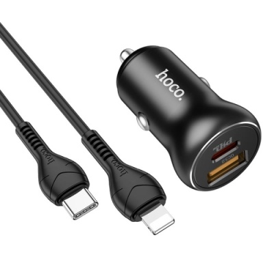 Автомобільний Зарядний Пристрій Hoco NZ5 Smooth road 1USB/30W/QC3.0 + 1Type-C/30W/PD + (Type-C - Lightning) (Чорний)