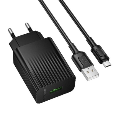 мережевий зарядний пристрій borofone bas72a 1usb/18w/qc3.0 + (usb - microusb) (чорний) 