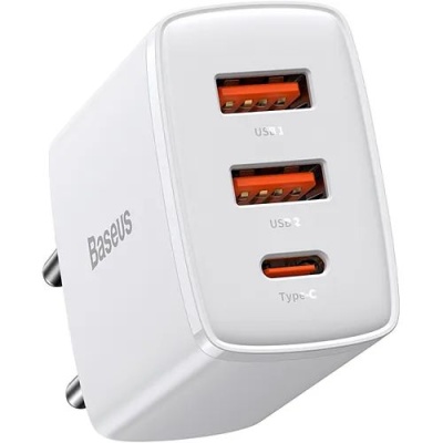 мережевий зарядний пристрій baseus compact quick charger (ccxj-e02) 2usb/18w/qc3.0 + 1type-c/30w/pd (білий) 