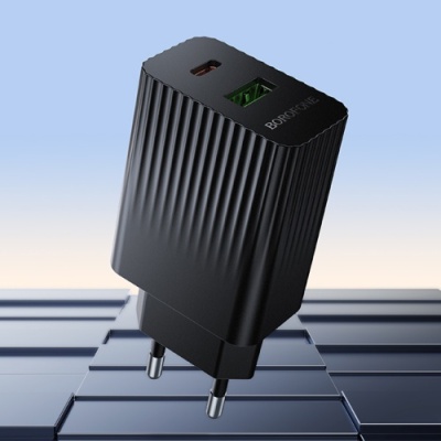 мережевий зарядний пристрій borofone bas76a 1usb/18w/qc3.0 + 1type-c/30w/pd (чорний) 