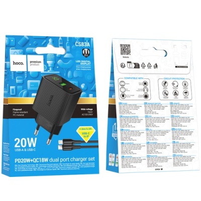 мережевий зарядний пристрій hoco cs83a 1usb/18w/qc3.0 + 1type-c/20w/pd + (type-c - lightning) (чорний) 