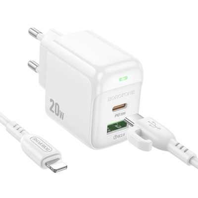 мережевий зарядний пристрій borofone bas44a 1usb/18w/qc3.0 + 1type-c/20w/pd + (type-c - lightning) (білий) 