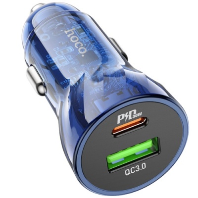 Автомобільний Зарядний Пристрій Hoco Z47A Transparent 1USB/18W/QC3.0 + 1Type-C/30W/PD (Прозорий синій)