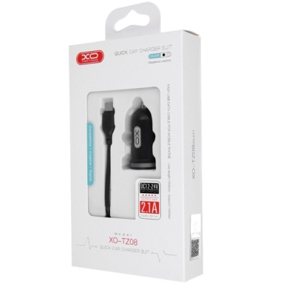 Автомобільний Зарядний Пристрій XO TZ08 2USB/2.1A + (USB - MicroUSB) (Чорний)