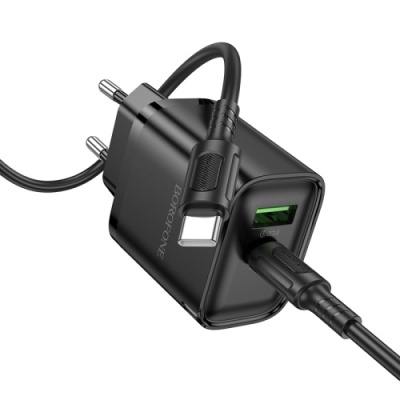 мережевий зарядний пристрій borofone ba83a 1usb/18w/qc3.0 + 1type-c/20w/pd + (type-c - type-c) (чорний) 