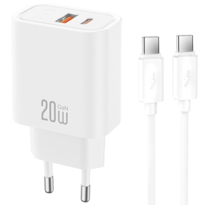 мережевий зарядний пристрій xo ce40 1usb/18w/qc3.0 + 1type-c/20w/pd + (type-c - type-c) (бiлий) 