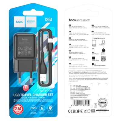 мережевий зарядний пристрій hoco c96a 1usb/2.1a + (usb - lightning) (чорний) 