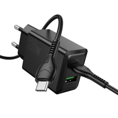 мережевий зарядний пристрій hoco n69 1usb/18w/qc3.0 + 1type-c/20w/pd + (type-c - type-c) (чорний) 