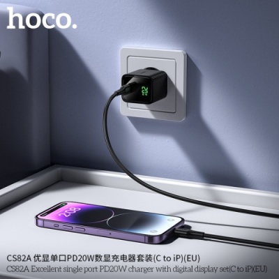 мережевий зарядний пристрій hoco cs82a 1type-c/20w/pd + (type-c - lightning) (чорний) 