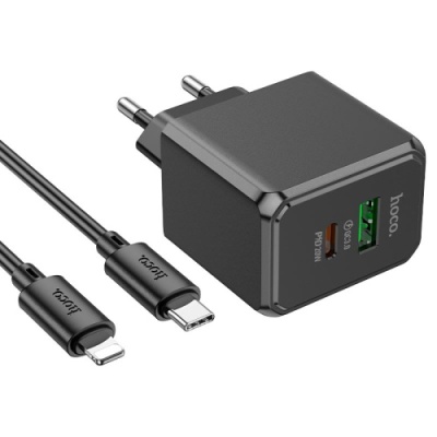 мережевий зарядний пристрій hoco cs14a 1usb/18w/qc3.0 + 1type-c/20w/pd + (type-c - lightning) (чорний) 