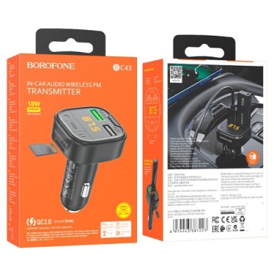 FM Модулятор Borofone BC43 QC 3.0+ 18W (Чорний)