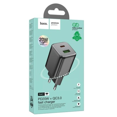 мережевий зарядний пристрій hoco n41 1usb/18w/qc3.0 + 1type-c/20w/pd (чорний) 