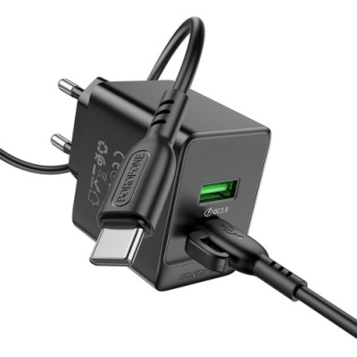 мережевий зарядний пристрій borofone bas14a erudite 1usb/18w/qc3.0 + 1type-c/20w/pd + (type-c - type-c) (чорний) 