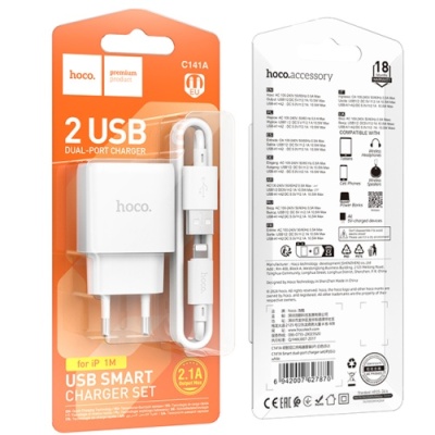 мережевий зарядний пристрій hoco c141a 2usb/2.1a + (usb - lightning) (білий) 