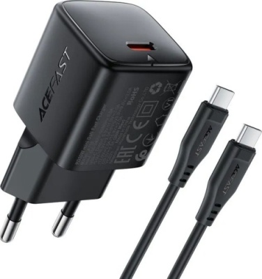 мережевий зарядний пристрій acefast a118 pd30w (1type-c) + type-c - type-c (1,2м) (чорний) 