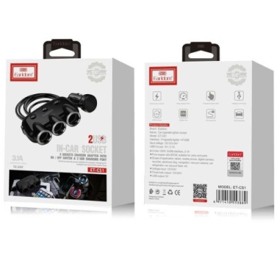 Розгалужувач прикурювача Earldom ES-CS1 (3порта + 2USB) 5V/3.1A  (Чорний)