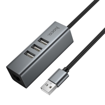 usb hub hoco hb1d 4in1 (usb to usb2.0*3+rj45) (сірий) 