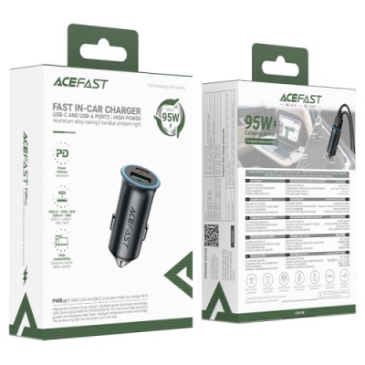 Автомобільний Зарядний Пристрій Acefast B16 PD + QC 3.0 (1 Type-C/1 USB/3A/95W) (сірий)